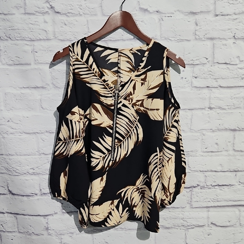 Black and Cream Leaf Print Cold Shoulder Blouse